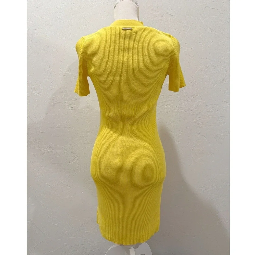 Michael Kors Womens Yellow Ribbed Lace-Up Fitted Chic Midi Sweater Dress Size S